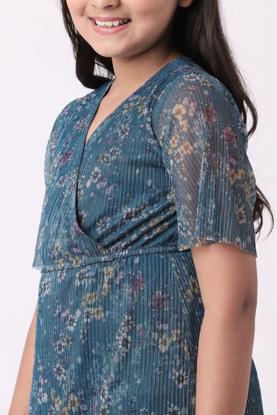 Teal Floral Flared Dress, Teal, image 3